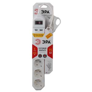 USF-5es-1.5m-USB-W Сетевой фильтр ЭРА (белый) с заземл, 3x0,75мм2, с выкл, 5гн+2USB, 1.5м - купить в Бийске